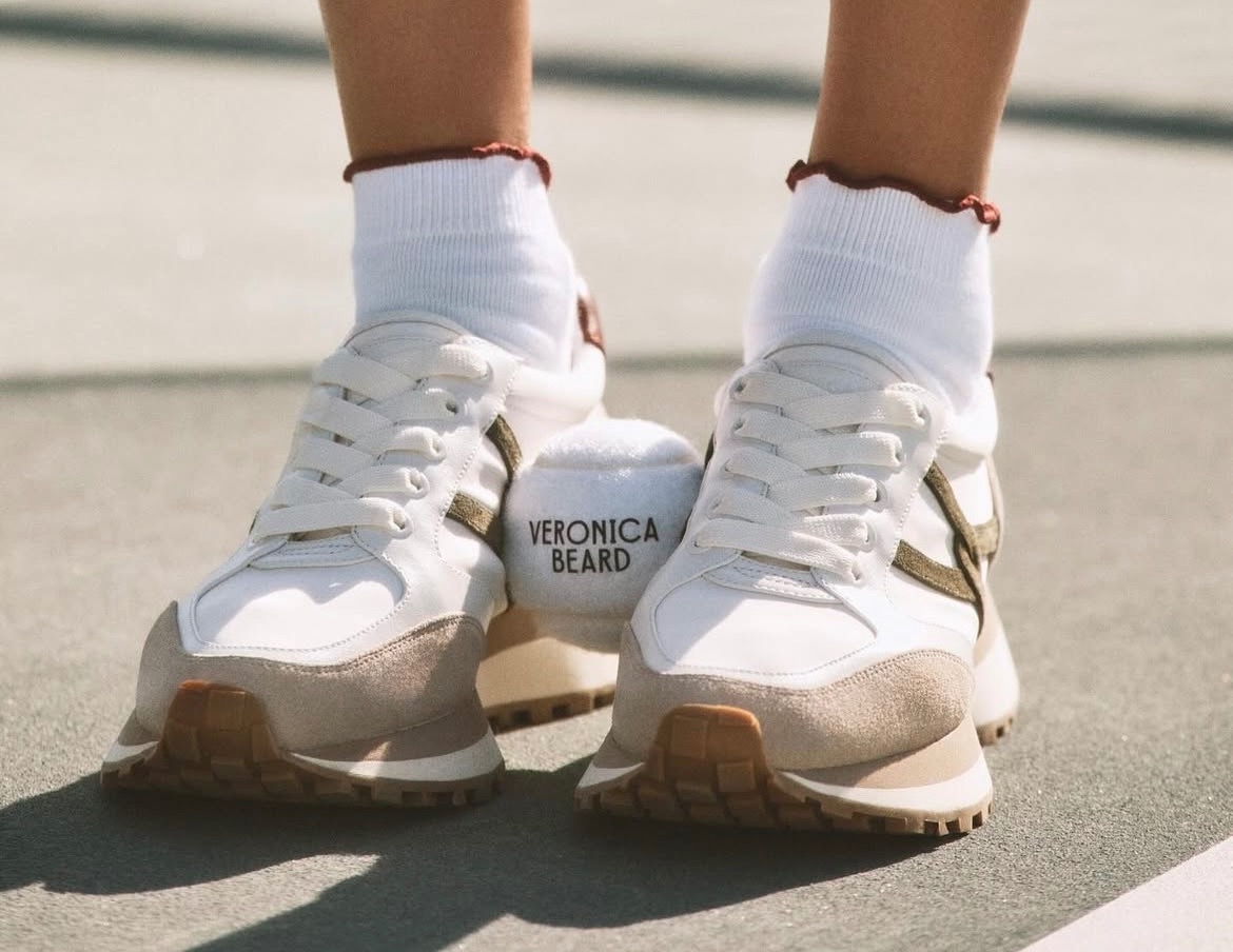 white and brown sneakers with white and brown ruffle socks
